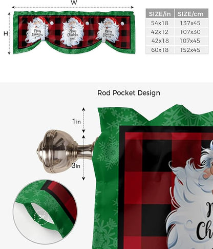 Merry Christmas Y'all Blackout Tie Up Valance Curtains for Kitchen Windows XMAS Santa Claus Window Toppers Balloon Shades for Living Room/Bathroom/Bedroom,1 Panel,54" X 18" Red Buffalo Plaid
