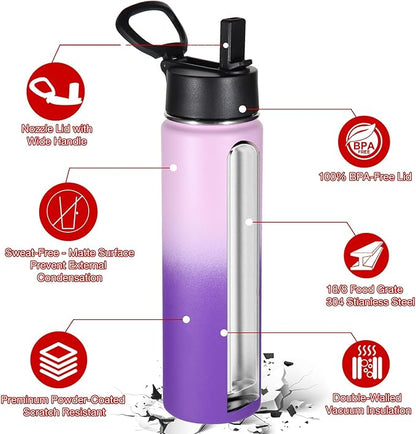 Volhoply 24oz Insulated Water Bottle With Straw Bulk 3 Pack,Metal Wide Mouth Water Bottles With Handle Keep Cold,Reusable Double Wall Thermos,Powder Coated Sport Bottle For Holder(Purple,3 Count)