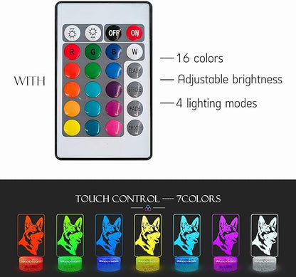 3D Visual Anime German shepherd Cute Dog Doggy Puppy Night Light 16 Color Change USB Charge Base Remote Control Dimming Flash Smooth Mode Desk Lamp Animal Cosplay Party Boy Gift Decoration