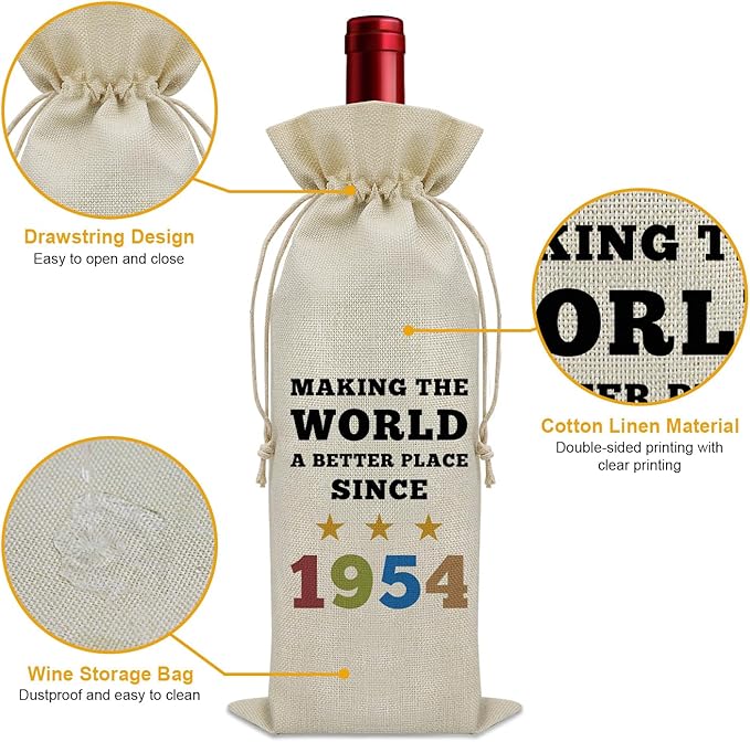 70th Birthday Gifts for Mom Dad Wine Bag Gag Gifts for 70 Year Old Man Women Wine Bottle Decoration Bag 1954 Birthday Gifts for Wife Sister Her Him Brother Turning 70 Birthday wine accessory gifts