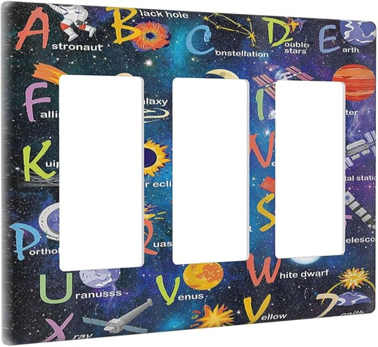 ABC Outer Space 3 Gang Rocker Light Switch Plate Alphabet Galaxy Educational Triple Decora Outlet Wall Plate Cover Faceplate Decorative Switchcovers GFCI for Kidroom Nursery Living Room Boyroom Decor