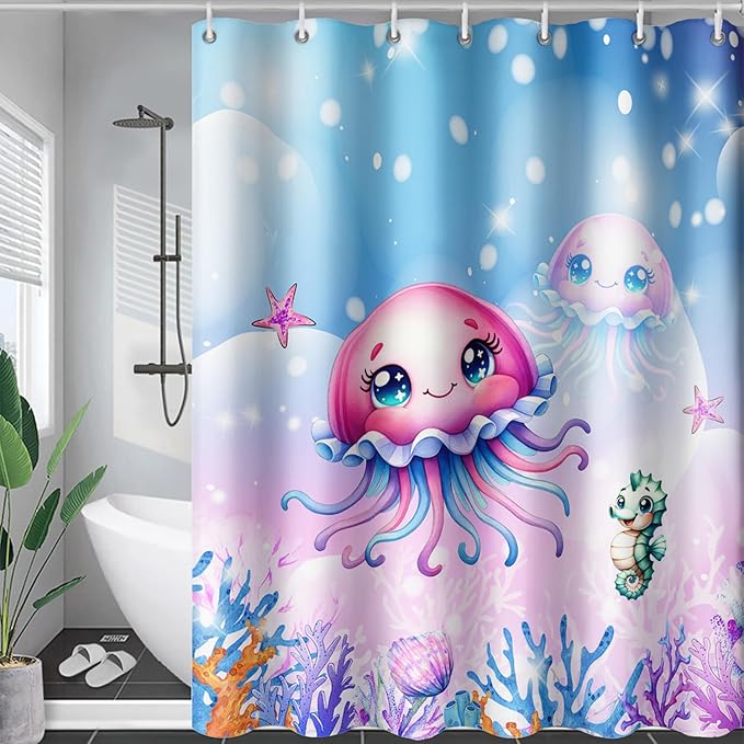 AILONEN Jellyfish Shower Curtain, Cute Jellyfish Starfish Seahorse Coral Pink Bath Curtain,Ocean Theme Shower Curtain 60" W*72" H Polyester Waterproof Bathroom Curtain with 12 Hooks