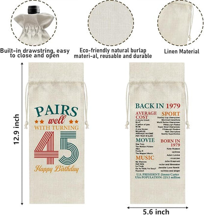 45th Birthday Gifts Wine Bag Congratulations Gifts for Women Men Parents Mom Dad Anniversary Favors 1979 with Time Information Wine Gift Bag