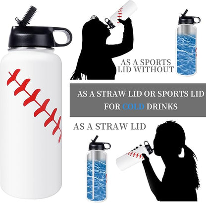 40oz Wide Mouth Baseball Water Bottle with Two Lids(Straw, Handle Lid), 18/8 Stainless Steel Vacuum Insulated for Travel & Sport Cup. (Baseball White, 40oz)