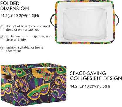 Mardi Gras Accessories Mask Beads Confetti Feather Storage Basket Fabric Laundry Baskets Fleur de Lis Purple Gold Green Storage Boxes Organizer Bag Cloth Toy Book Storage Cubes Shelf Bins 16×12×8