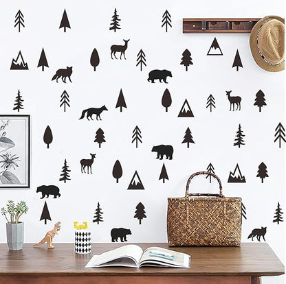 Woodland Animal Wall Stickers Small Pine Tree Wall Decals Vinyl Black Wall Decals Mountain Tree Animals Wall Stickers Jungle Deer Bear Fox Forest Wall Decals Woodland Nursery Kids Room Decor