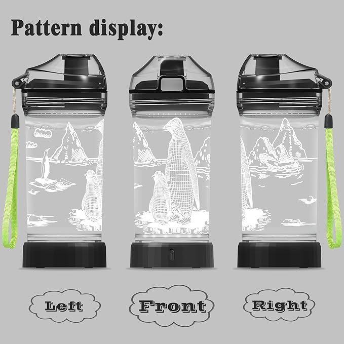 Ammonite Kids Penguin Water Bottle with 3D Glowing LED Light - 14 OZ Tritan BPA Free - Creative Ideal Travel Cup Gift for School Kid Boy Child Holiday Camping Picnic