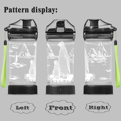 Ammonite Kids Penguin Water Bottle with 3D Glowing LED Light - 14 OZ Tritan BPA Free - Creative Ideal Travel Cup Gift for School Kid Boy Child Holiday Camping Picnic