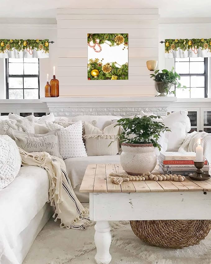 Christmas Kitchen Curtains Valances for Windows Pine Cones Rod Pocket Window Treatment for Kitchen/Living Room/Bedroom/Bathroom,42" X 12" -1 Panel, Golden Ornament Balls