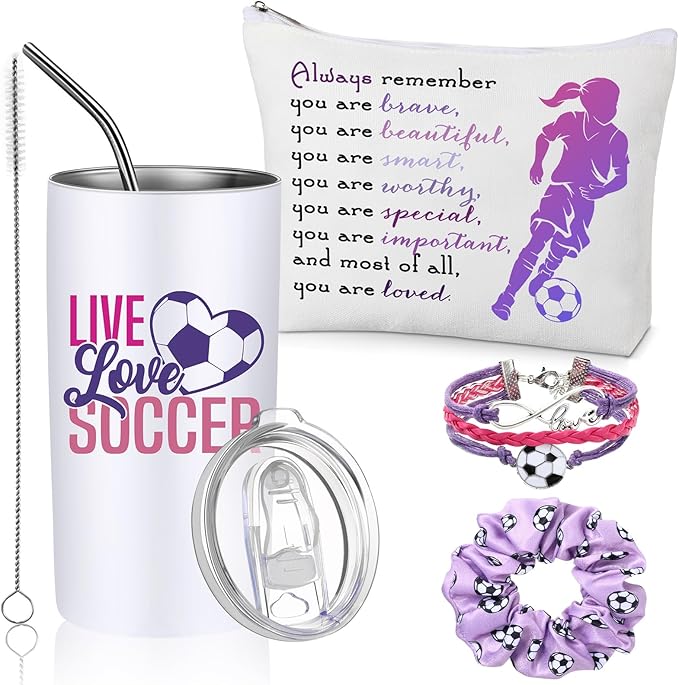 4 Pieces Sports Gifts Set - Hair Scrunchies, Elastic Hair Bands, Ball Charm Bracelet, Zipper Pouch, and Tumbler for Women