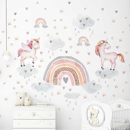 Large Rainbow Wall Decals by Lipastick - 132 pcs Rainbow Wall Stickers - Unicorn Wall Decals for Kids Bedroom Room Nursery – Kids Wall Stickers Cloud Stars Ponies - Waterproof Wall Art Décor L Size