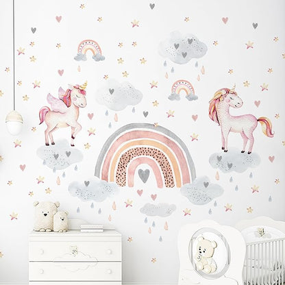 Rainbow Wall Decals by Lipastick - Rainbow Wall Stickers - Unicorn Wall Decals for Kids Bedroom Room Nursery – Kids Wall Stickers Cloud Stars Ponies - Waterproof Wall Art Décor S Size