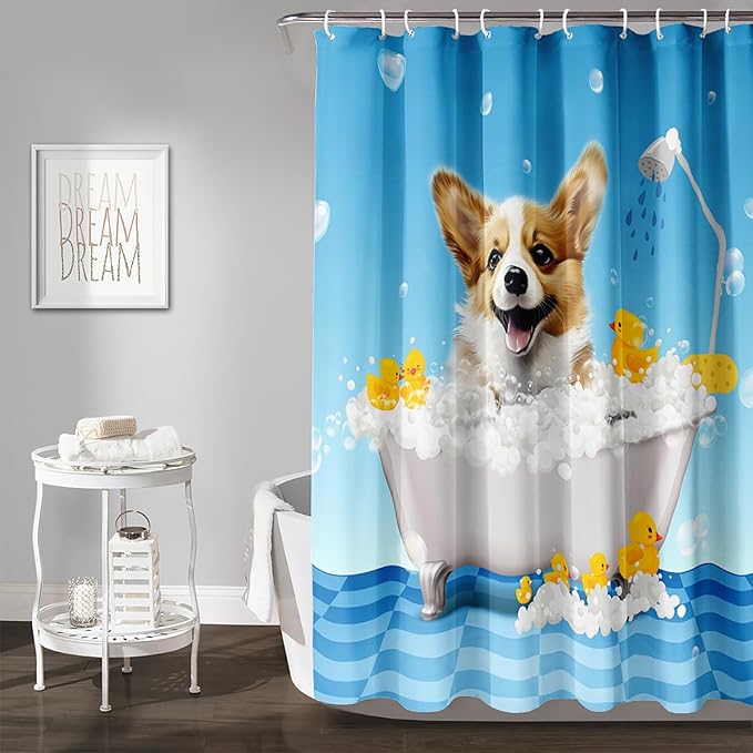 AILONEN 3D Bathtub Dog Shower Curtain for Kids 72" W*78" H Kawaii Shower Puppy and Bathtub Yellow Duck Shower Curtain,Polyester Waterproof Fabric Decor for Bathroom Bathtub Panels