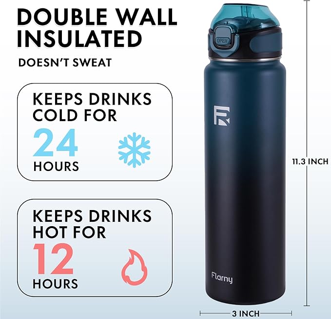 32 oz Insulated Water Bottle with Straw, Stainless Steel Metal Thermos Bottles, Durable Non-Slip Gradient Bottle with Strap for Sports and Travel, Leak Proof (Navy Blue Black)