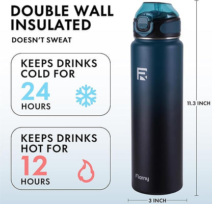 32 oz Insulated Water Bottle with Straw, Stainless Steel Metal Thermos Bottles, Durable Non-Slip Gradient Bottle with Strap for Sports and Travel, Leak Proof (Navy Blue Black)