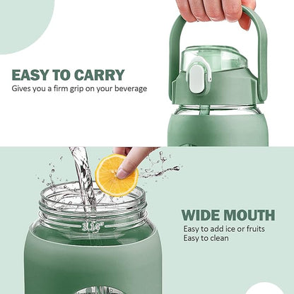 kytffu 56oz Glass Water Bottles with Straw, Motivational Glass Bottle with Silicone Sleeve and Time Marker, Leakproof Large Glass Water Jug for Gym Home Office,Olive