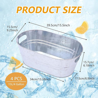 4 Pcs 4 Gallon Ice Bucket Large Metal Drink Buckets Galvanized Tub galvanized steel tub Cold Drink Beverage Tubs for Christmas Bar for Beer Wine Cooler(Silver)