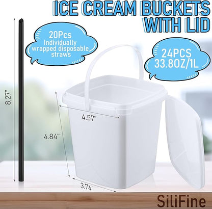 24 Pcs 33.8 oz Rum Buckets for Drinks Cocktails Plastic Square Drink Bucket with Lids and Handle 200 Pcs Motivational Sticker 20 Pcs Straw, Reusable Ice Cream Buckets for Summer Parties Snack