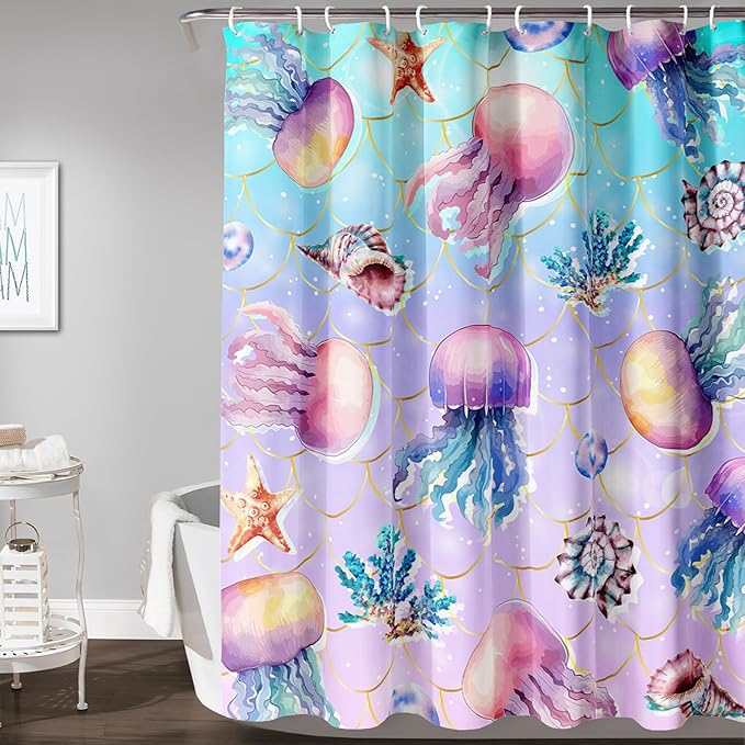 AILONEN Ocean Jellyfish Shower Curtain for Bathroom, Cute Jellyfish Mermaid Printed Bathroom Curtain,Girls Women Kids Coral Bath Curtain 72"W*84"H Polyester Waterproof Bathroom Curtain With 12 Hooks