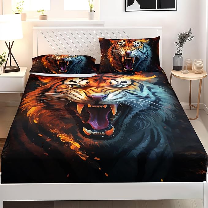 AILONEN Tiger Fitted Sheet Set Queen Size for Boys, Safari Tiger Bed Sheet Set for Kids Teen,3 Pieces Wildlife Bedding Flame Animal Tiger Print Fitted Sheet with 2 Pillowcases