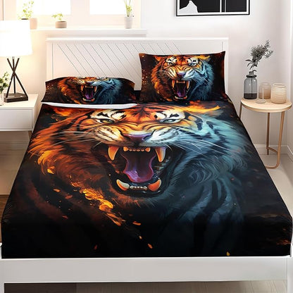 AILONEN Tiger Fitted Sheet Set Twin Size for Boys, Safari Tiger Bed Sheet Set for Kids Teen,3 Pieces Wildlife Bedding Flame Animal Tiger Print Fitted Sheet with 2 Pillowcases
