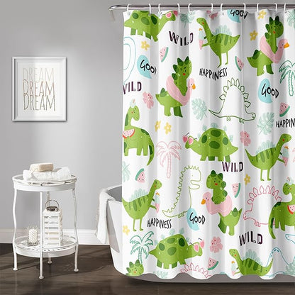 AILONEN Dinosaur Shower Curtain for Boys, Cute Green Kids Bath Curtain 72" W*78" H,Tropical Leaves Funny Dinosaur Curtain with 12 Plastic Hooks