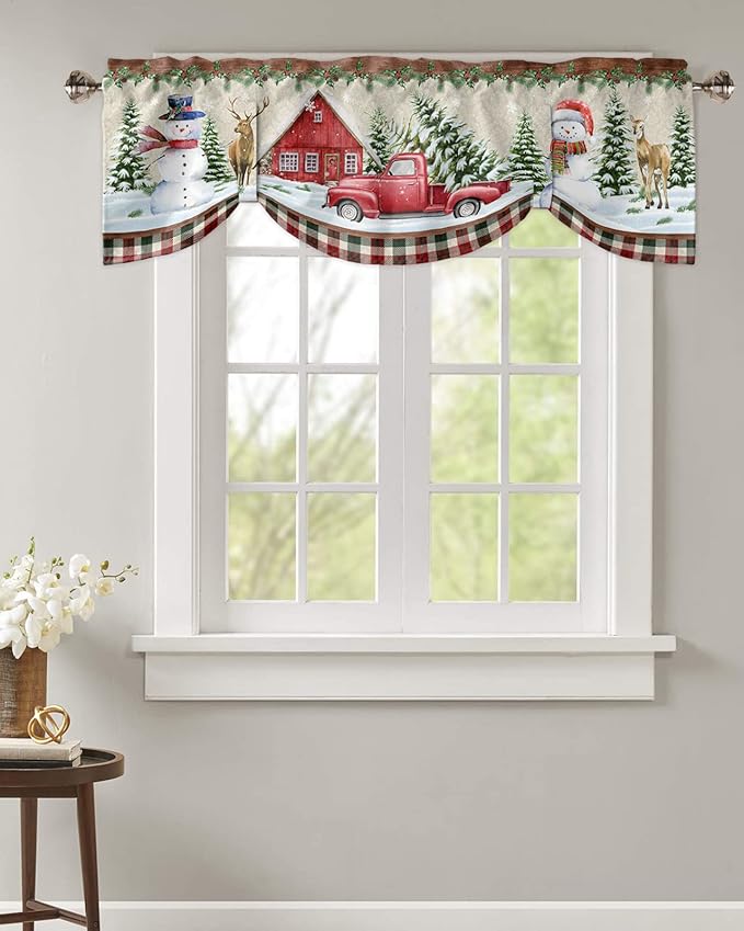 Christmas Farmhouse Blackout Tie Up Valance Curtains for Kitchen Windows Snowman Farm Red Truck Window Toppers Balloon Shades for Living Room/Bathroom/Bedroom,1 Panel,42" X 12" Winter Holiday