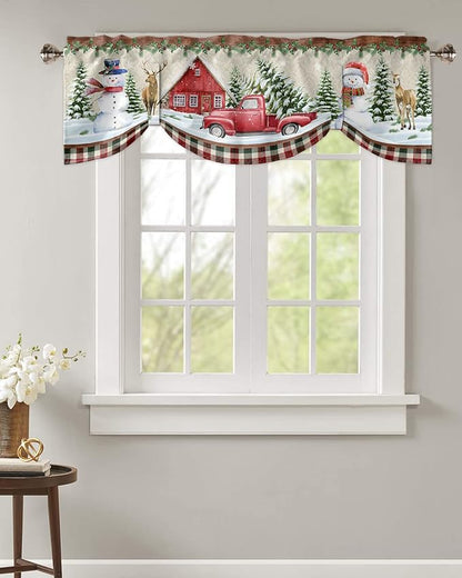 Christmas Farmhouse Blackout Tie Up Valance Curtains for Kitchen Windows Snowman Farm Red Truck Window Toppers Balloon Shades for Living Room/Bathroom/Bedroom,1 Panel,60" X 18" Winter Holiday