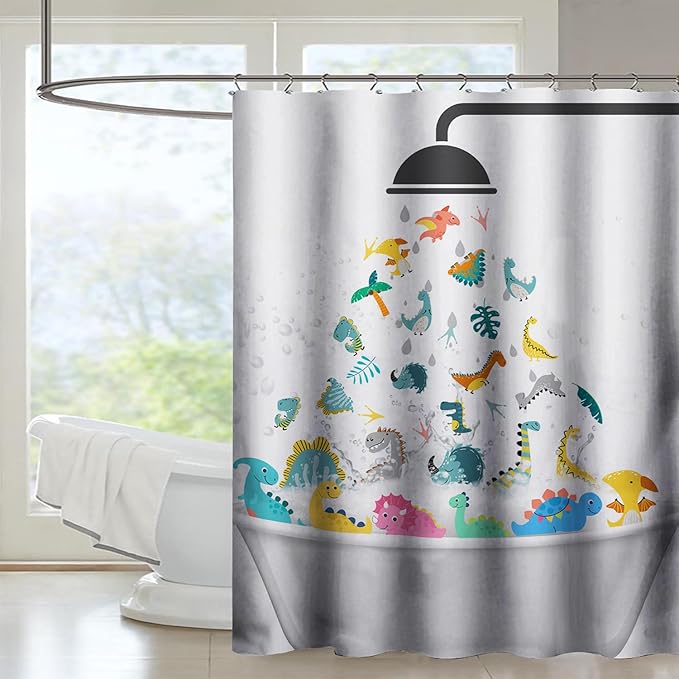 AILONEN Cute Dinosaur Shower Curtain for Kids 72" W*78" H Inch,Funny Dinosaur Animals Playing Water Shower Curtains,12 Pack Hooks Polyester Waterproof Fabric Decor for Bathroom Bathtub Panels