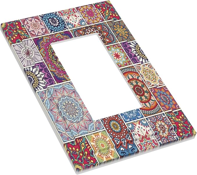 Morocco Talavera Mexican Tiles Printed Colroful Mandala 1 Gang Rocker Light Switch Covers Single Decora Outlet Wall Plate Decorative Switchplate Faceplate GFCI for Kitchen Bathroom Bedroom Decor