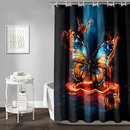 AILONEN 3D Butterfly Shower Curtain,Fire and Ocean Butterfly Bath Curtain 72" W*96" H,Modern Abstract Art Butterfly Print Waterproof Bathroom Curtain with 12 Plastic Hooks for Girls Women