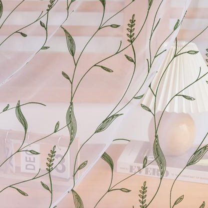 Windows Sheer Curtains Embroider Dark Green Leaf 95 Inches Length 2 Panels Voile Light Filtering Sheer Curtains Panel Basic Rod Pocket for Bedroom Living Room Children Room