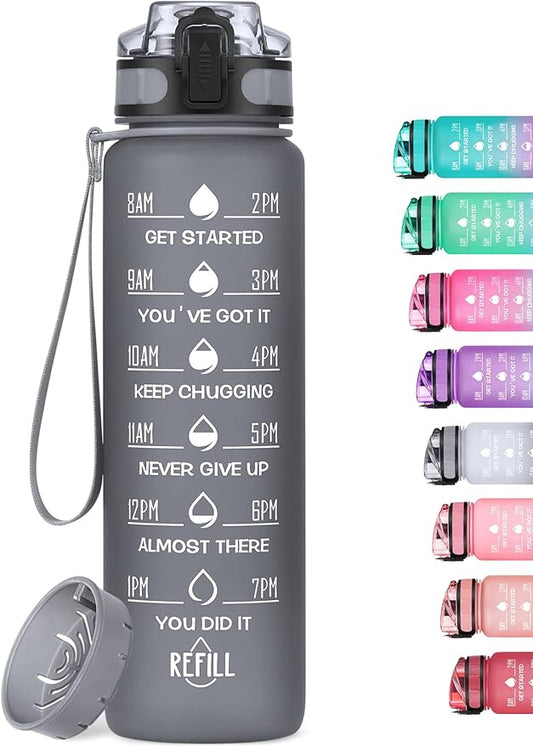 32oz Motivational Water Bottle with Time Marker & Fruit Strainer, Leak-proof BPA Free Non-Toxic 1l Bottle with Carrying Strap, Perfect for Fitness, Gym and Outdoor Sports (Graphite)