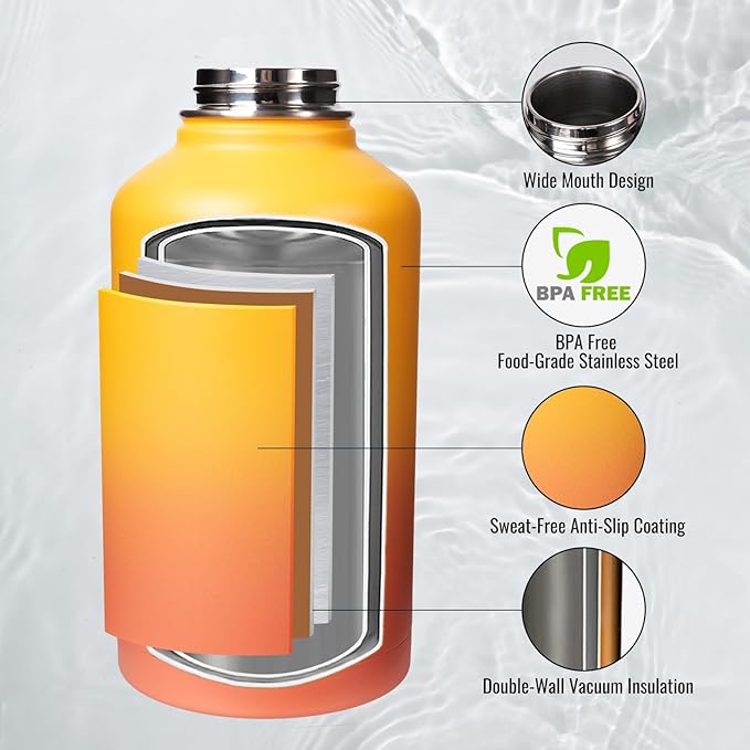 Half Gallon Water Bottle with Straw&Spout Lid, 64oz Stainless Steel Insulated Water Jug with Handle and Wide Mouth, Half Gallon Vacuum Double Walled Jug for Sports, Outdoors, Yellow&Orange 64oz