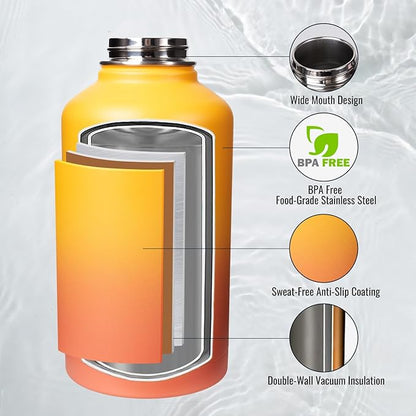Half Gallon Water Bottle with Straw&Spout Lid, 64oz Stainless Steel Insulated Water Jug with Handle and Wide Mouth, Half Gallon Vacuum Double Walled Jug for Sports, Outdoors, Yellow&Orange 64oz