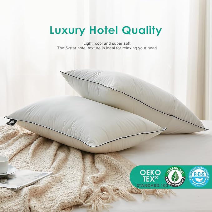 APSMILE Deep Sleep Standard Size Feather Pillows, Hotel Collection AirF™ Goose Down Pillow Inserts with Organic Cotton Cover, Soft Bed Pillows for Sleeping (White, 20"x26")
