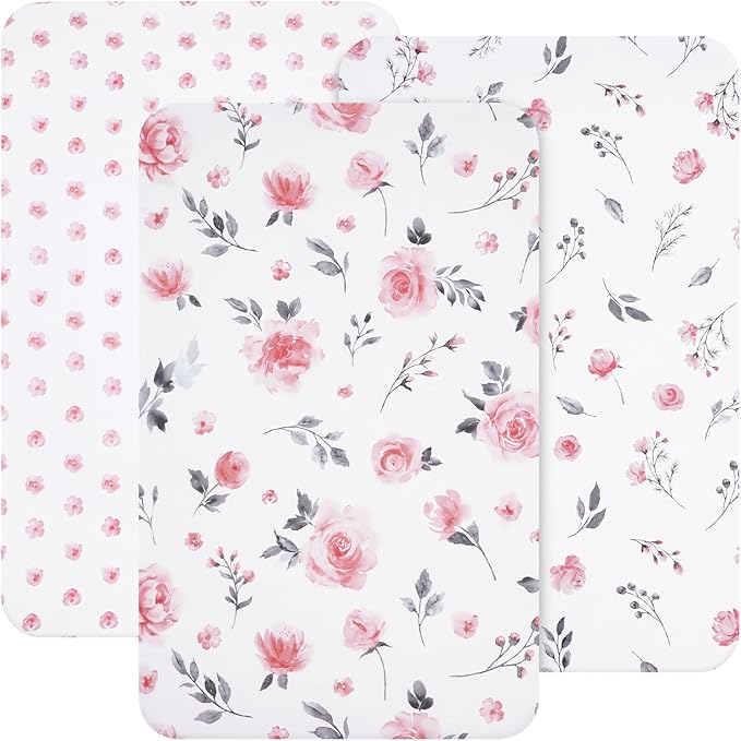 3 Pack Mini Crib Sheets, Premium Pack N Play Sheets for Boys Girls Neutral, Soft Breathable Baby Sheets Fit Pack N Play, Playard and Mini Crib Mattresses, Floral Flowers