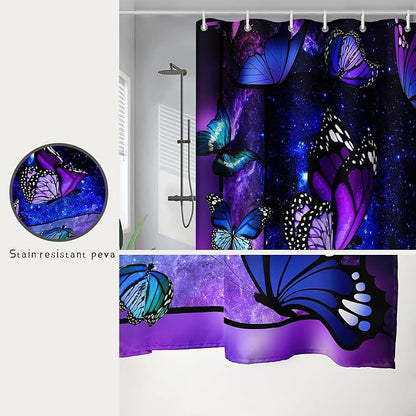 AILONEN Butterfly Shower Curtain for Bathroom Mystic Purple Galaxy Starry Decor Bath Curtain 72" W*84" H Polyester Fabric Waterproof Bathroom Curtain with 12 Hooks