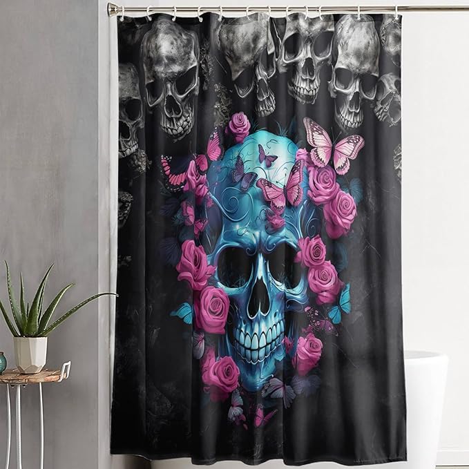 AILONEN 3D Skull Shower Curtain,Oil Ren Rose with Skeleton Design Shower Curtain Set with Hooks for Boys Girls Teens,Gothic Skull Waterproof Fabric Shower Curtain for Bathroom,72" W*72" H