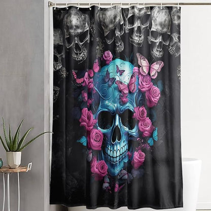 AILONEN 3D Skull Shower Curtain,Oil Ren Rose with Skeleton Design Shower Curtain Set with Hooks for Boys Girls Teens,Gothic Skull Waterproof Fabric Shower Curtain for Bathroom,60" W*72" H