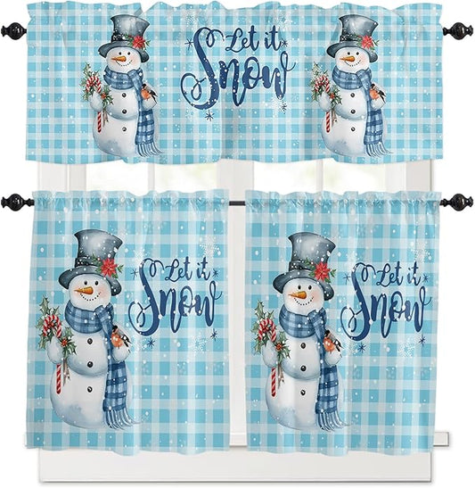 Snowman Christmas Kitchen Curtains and Valances Set, Let It Snow Winter Holiday Windows Treatments Tiers Short Curtains for Small Windows Cafe /Living Room/ Bedroom 54x36 in Blue White Buffalo Plaid