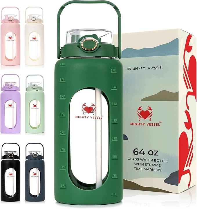 64oz Glass Water Bottle | Green Water Bottle with Straw & Time Marker | Half Gallon Water Bottle with Measurements & Silicone Sleeve | Suitable for Travel, Gym, Sports & Daily Intake
