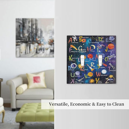 ABC Outer Space Double Toggle Light Switch Cover Decorative Alphabet Galaxy Boys Educational 2 Gang Wall Plate Electrical Faceplate Switchplate for Kidroom Nursery Boyroom Living Room Decor