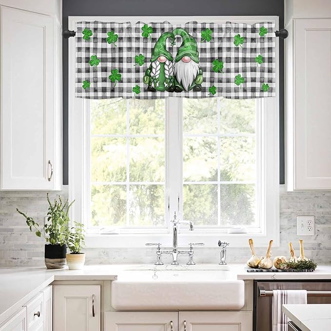 St. Patrick's Day Kitchen Curtains and Valances Set, Buffalo Plaid Shamrock Gnome Window Tiers Spring Holiday Farmhouse Decor Half/Short Curtains for Small Windows Cafe /Living Room/ Bedroom 54x24