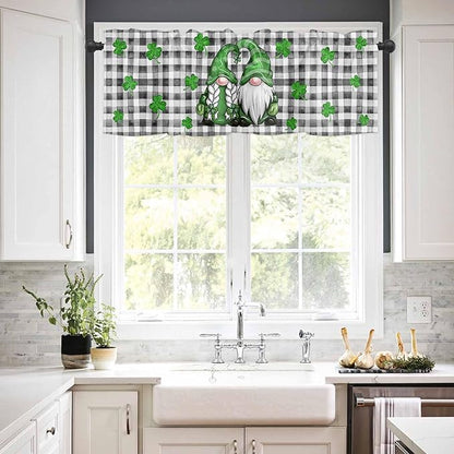 St. Patrick's Day Kitchen Curtains and Valances Set, Buffalo Plaid Shamrock Gnome Window Tiers Spring Holiday Farmhouse Decor Half/Short Curtains for Small Windows Cafe /Living Room/ Bedroom 54x24