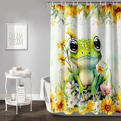 AILONEN Green Frog Shower Curtain,Cute Cartoon Frog Waterproof Fabric Shower Curtain for Bathroom,Beautiful Sunflower Kawaii Tree Frog Shower Curtain Set with Hooks for Kids Boys Girls,48" W*72" H