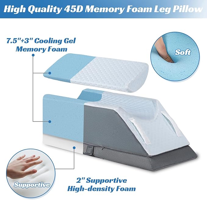 Adjustable Leg Elevation Pillow with Memory Foam, 3-Height Adjustable Leg Pillow for After Surgery, Knee, Ankle Injury, Foot Rest, Improve Circulation and Pain Relief, Removable & Washable Cover