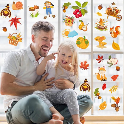 Fall Window Clings Autumn Maple Leaf Window Static Stickers Double-Sided Leaves Pumpkin Turkey Window Door Cling Removable Reusable Window Stickers Thanksgiving Party Window Door Decor