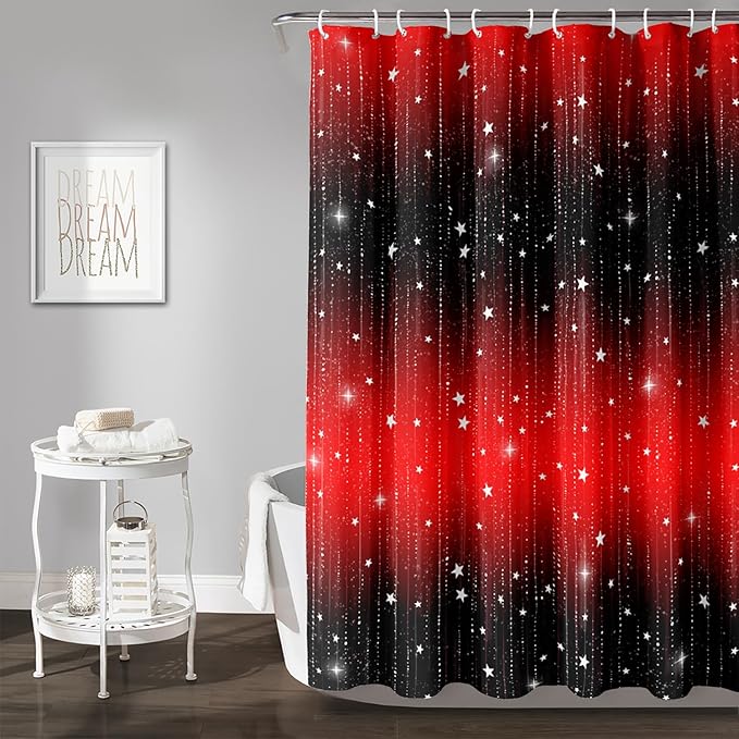 AILONEN White Star Shower Curtain,Starry Sky Waterproof Fabric Shower Curtain Sets for Girls Kids Teens, 72" W*84" H Black and Red Theme Shower Curtain