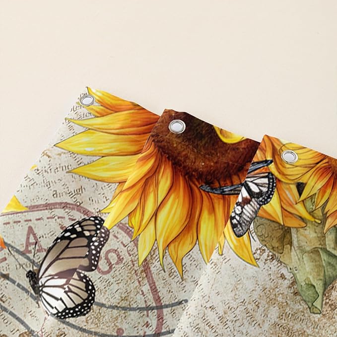 AILONEN Girls Sunflower Shower Curtain,Butterfly Sunflower Bath Curtain for Kids Women,Vintage Yellow Flower Decor Bathroom Curtain with 12 Plastic Hooks, 72" W x 72" H
